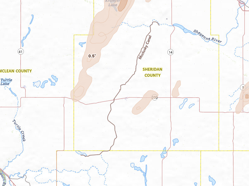 Radar-estimated hail-size map of the storm over Mcclusky, ND on Jun 2, 2026