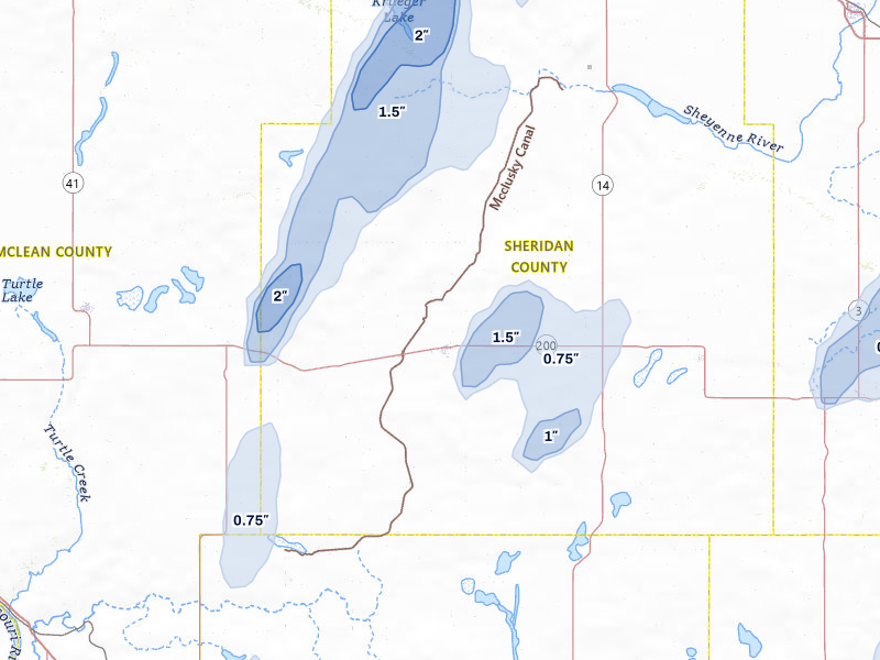 NEXRAD radar-signature map of the hail over Mcclusky, ND
