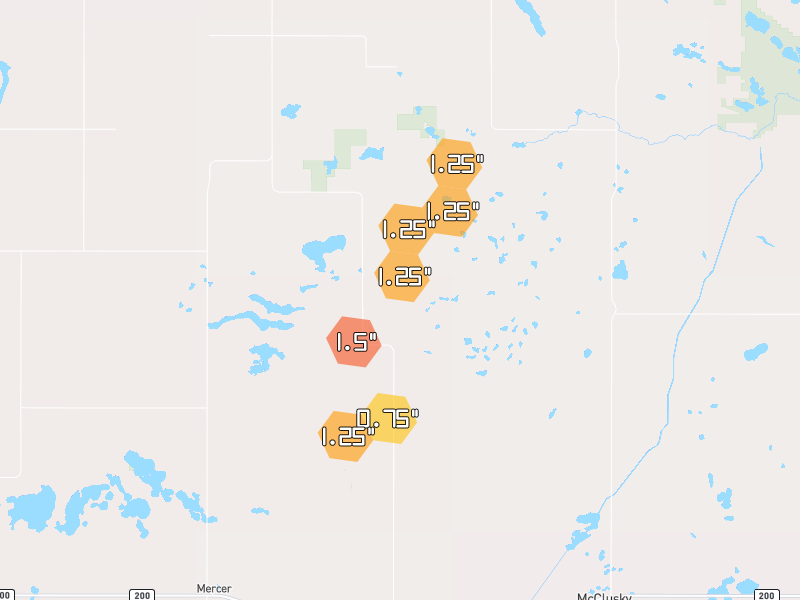 Hail map of McClusky, ND on Jun 2, 2026, hail up to 1.5"
