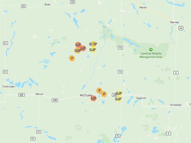 Hail map of McClusky, ND on Jun 3, 2026, hail up to 1.5"