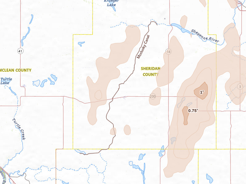 Radar-estimated hail-size map of the storm over Mcclusky, ND on Jun 9, 2026