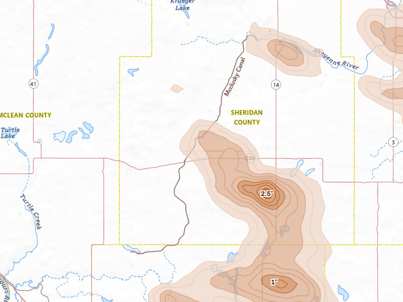 Radar-estimated hail-size map of the storm over Mcclusky, ND on Jul 9, 2026