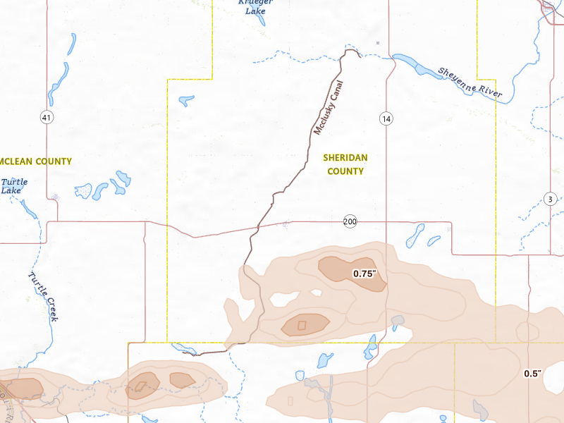 Radar-estimated hail-size map of the storm over Mcclusky, ND on Jul 24, 2026