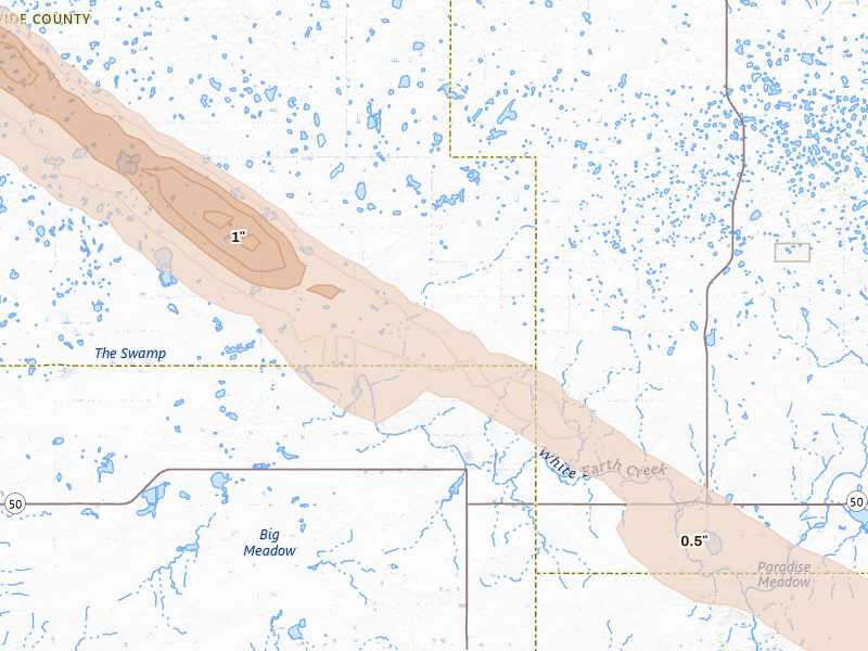 Radar-estimated hail-size map of the storm over Mcgregor, ND on Jan 2, 2026