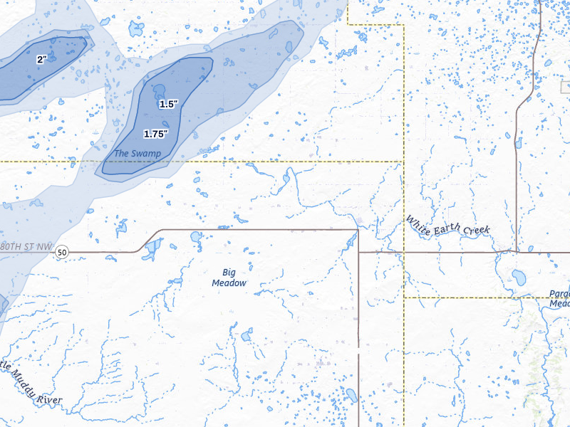 NEXRAD radar-signature map of the hail storm over Mcgregor, ND on Jul 3, 2026