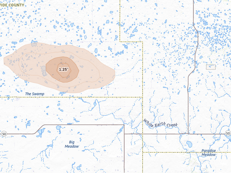 Radar-estimated hail-size map of the storm over Mcgregor, ND on Jul 14, 2026