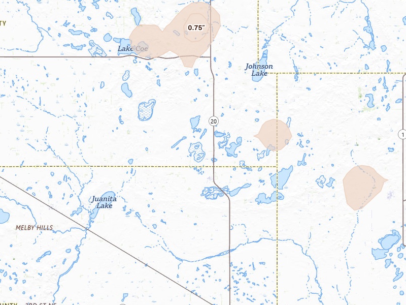 Radar-estimated hail-size map of the storm over Mchenry, ND on Jul 30, 2026