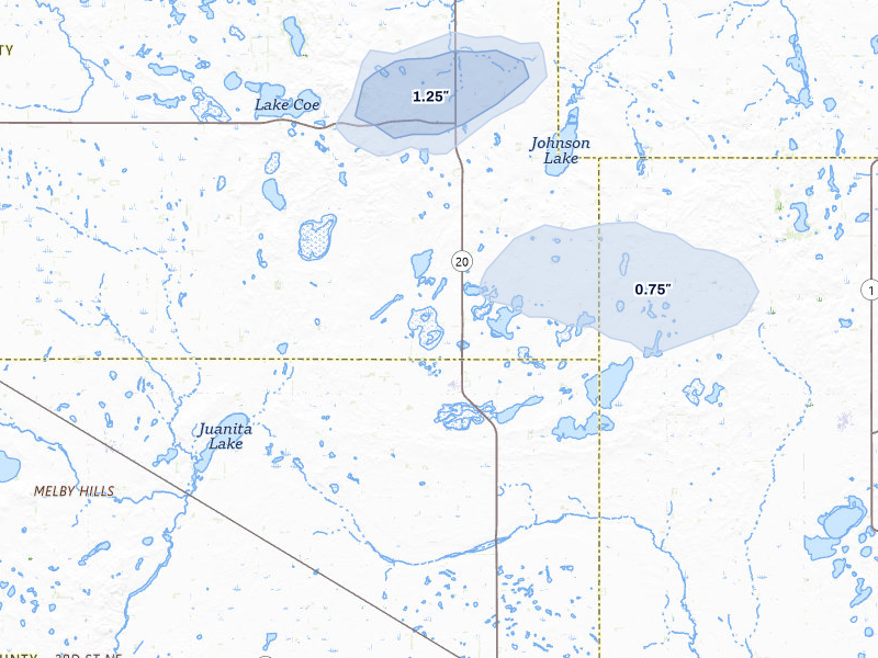 NEXRAD radar-signature map of the hail storm over Mchenry, ND on Jul 30, 2026