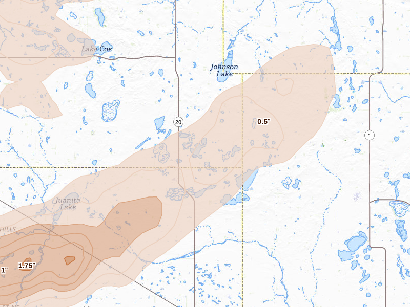 Radar-estimated hail-size map of the storm over Mchenry, ND on Aug 24, 2026
