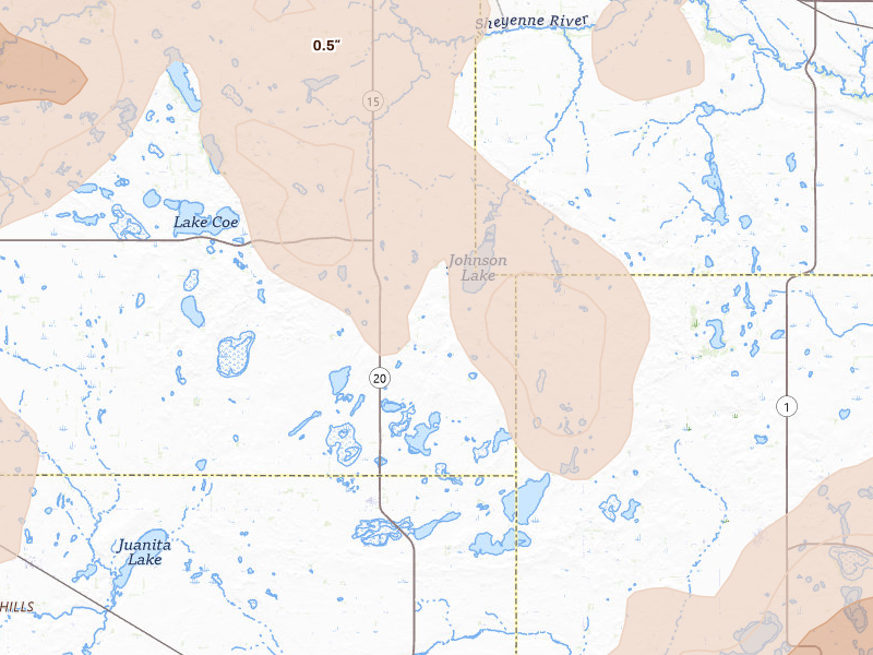 Radar-estimated hail-size map of the storm over Mchenry, ND on Sep 3, 2026