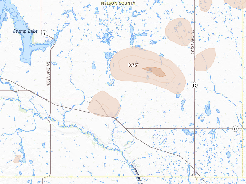 Radar-estimated hail-size map of the storm over Mcville, ND on Jun 29, 2026