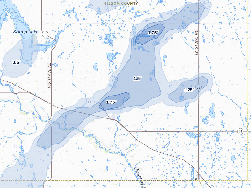 NEXRAD radar-signature map of the hail storm over Mcville, ND on Jun 29, 2026