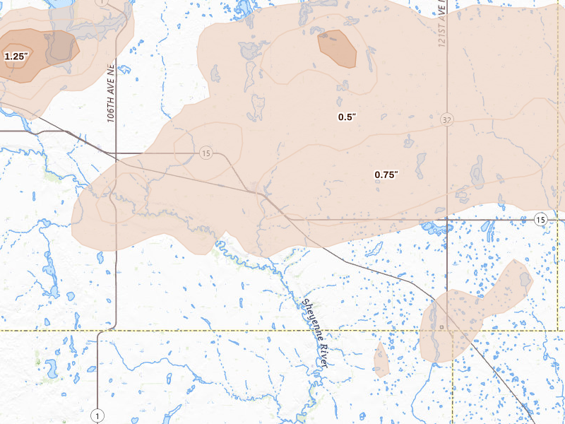 Radar-estimated hail-size map of the storm over Mcville, ND on Aug 2, 2026