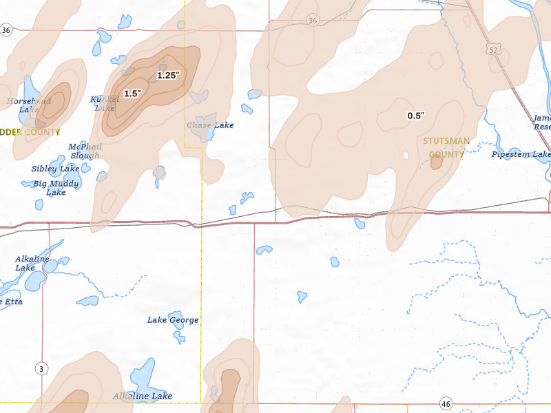 Radar-estimated hail-size map of the storm over Medina, ND on Jun 2, 2026