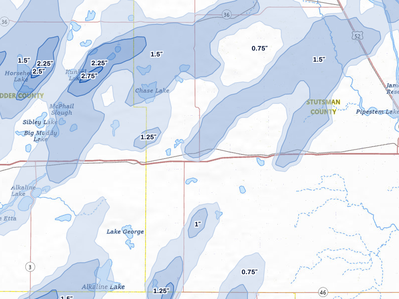 NEXRAD radar-signature map of the hail over Medina, ND