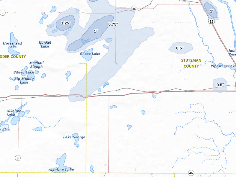 NEXRAD radar-signature map of the hail over Medina, ND