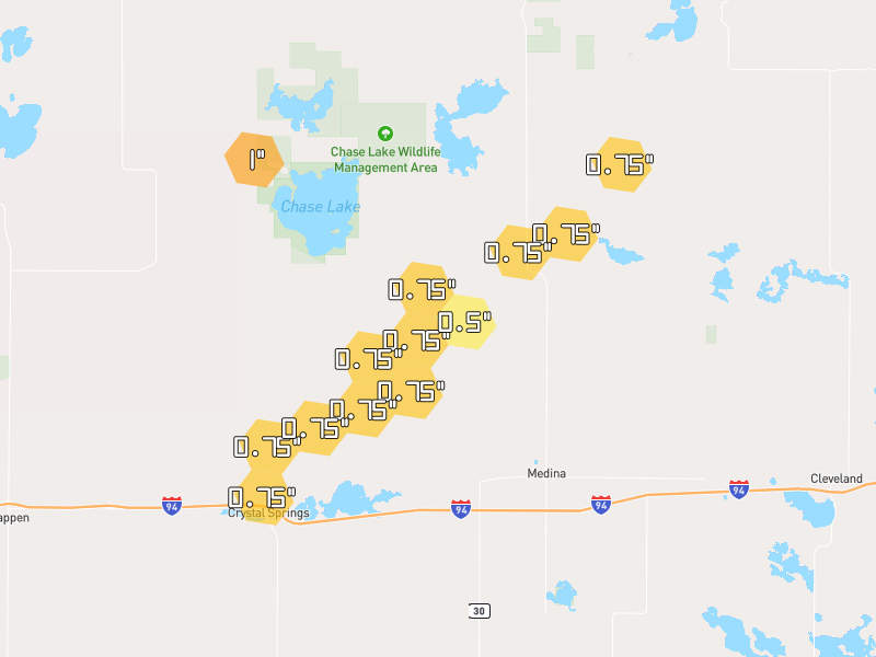 Hail map of Medina, ND on Jul 2, 2026, hail up to 1"