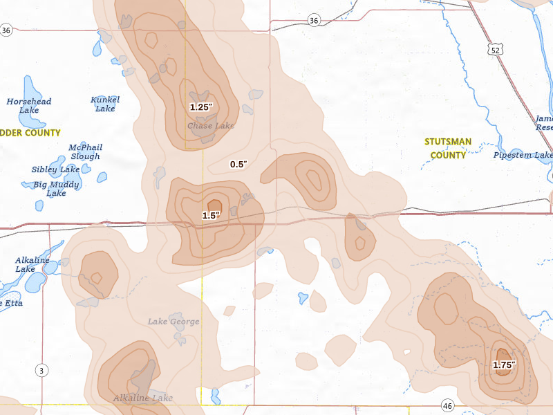 Radar-estimated hail-size map of the storm over Medina, ND on Jul 9, 2026