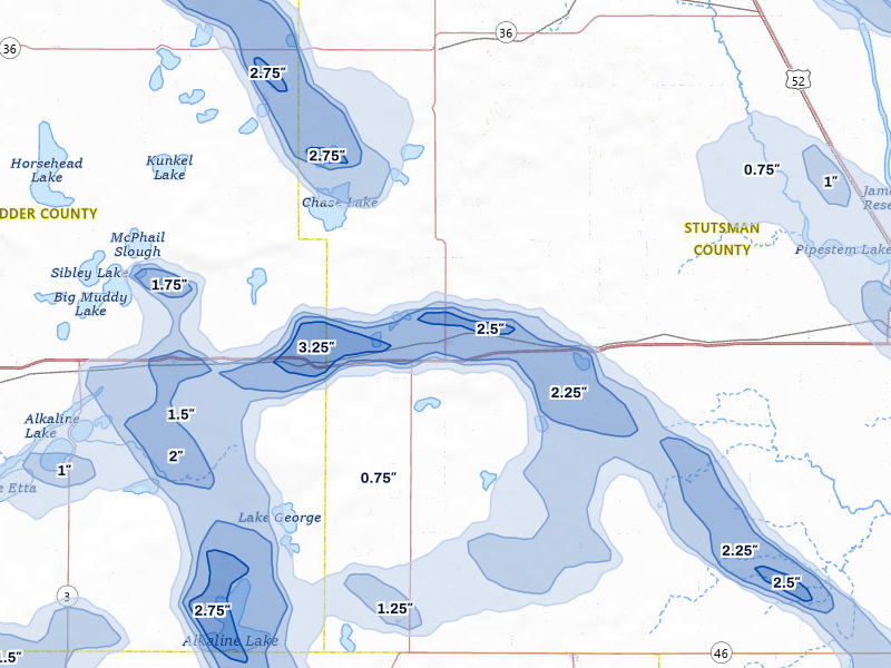 NEXRAD radar-signature map of the hail storm over Medina, ND on Jul 9, 2026