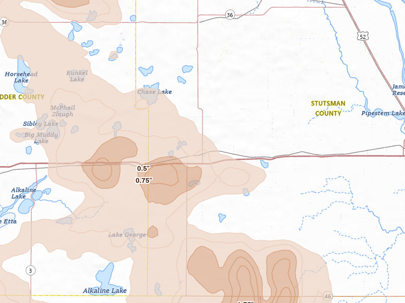 Radar-estimated hail-size map of the storm over Medina, ND on Jul 24, 2026