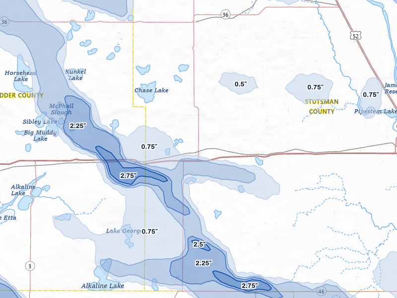 NEXRAD radar-signature map of the hail storm over Medina, ND on Jul 24, 2026
