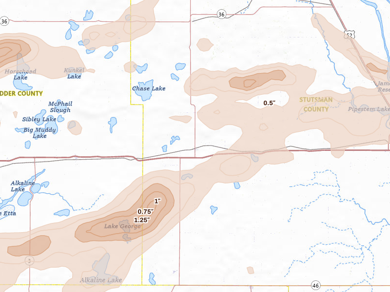 Radar-estimated hail-size map of the storm over Medina, ND on Aug 11, 2026