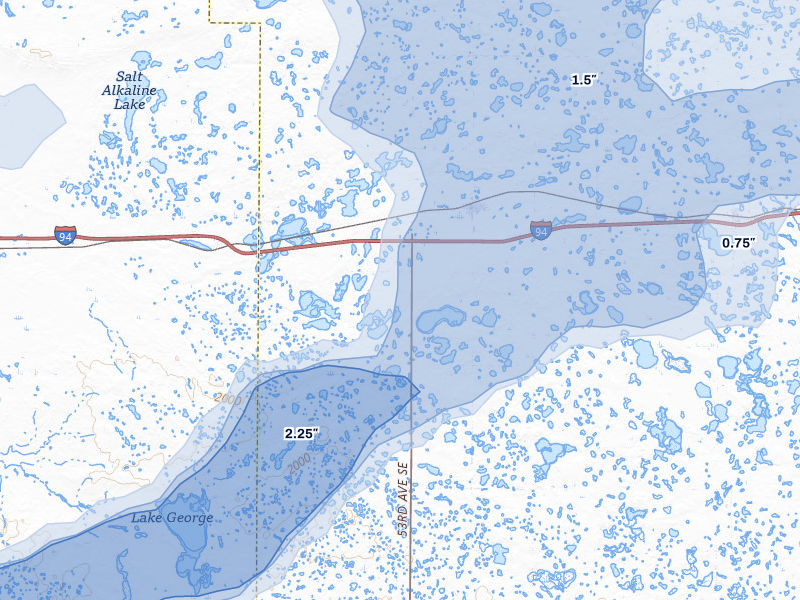 NEXRAD radar-signature map of the hail storm over Medina, ND on Aug 11, 2026