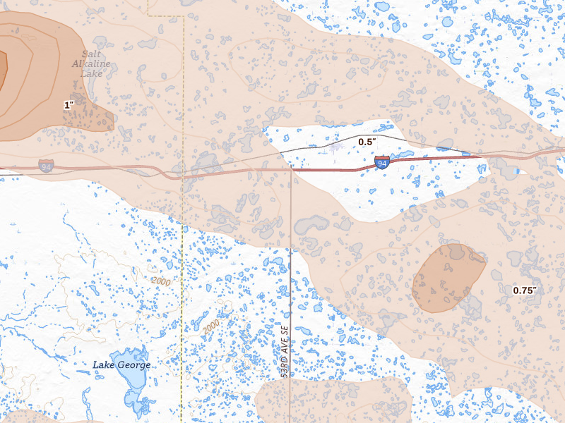 Radar-estimated hail-size map of the storm over Medina, ND on Aug 24, 2026