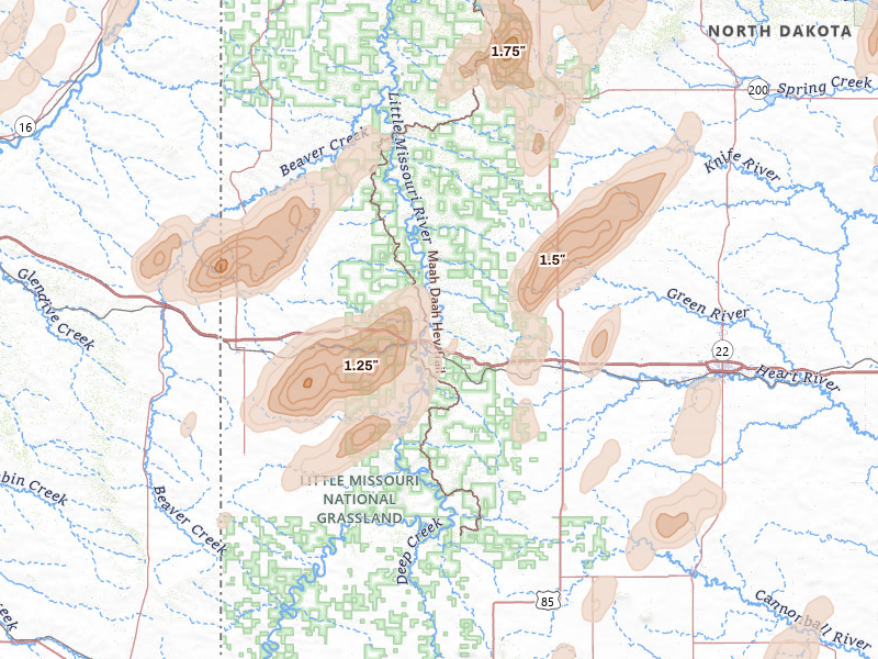 Radar-estimated hail-size map of the storm over Medora, ND on Jun 7, 2026