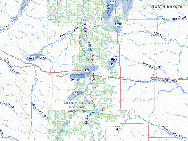 NEXRAD radar-signature map of the hail storm over Medora, ND on Jun 7, 2026