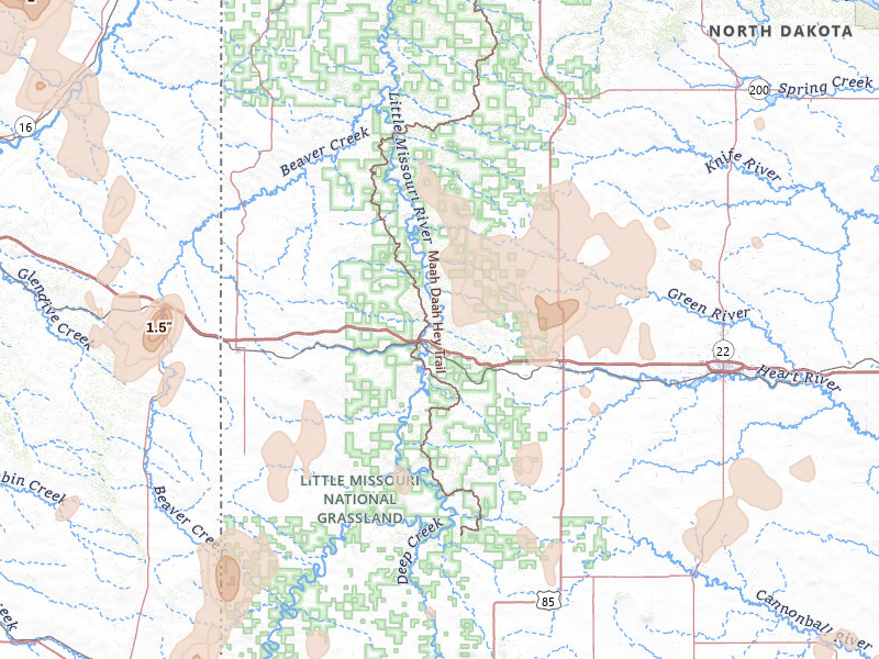 Radar-estimated hail-size map of the storm over Medora, ND on Jun 27, 2026