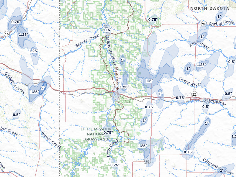 NEXRAD radar-signature map of the hail storm over Medora, ND on Jun 27, 2026