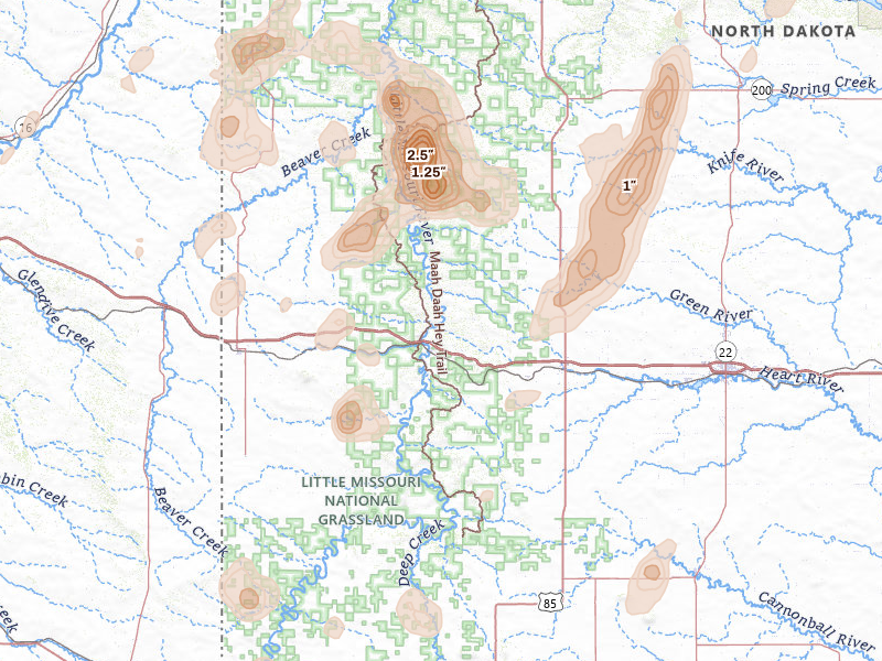 Radar-estimated hail-size map of the storm over Medora, ND on Jul 2, 2026