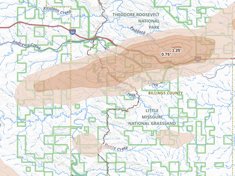 Radar-estimated hail-size map of the storm over Medora, ND on Aug 11, 2026