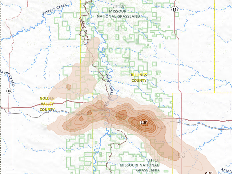 Radar-estimated hail-size map of the storm over Medora, ND on Aug 23, 2026