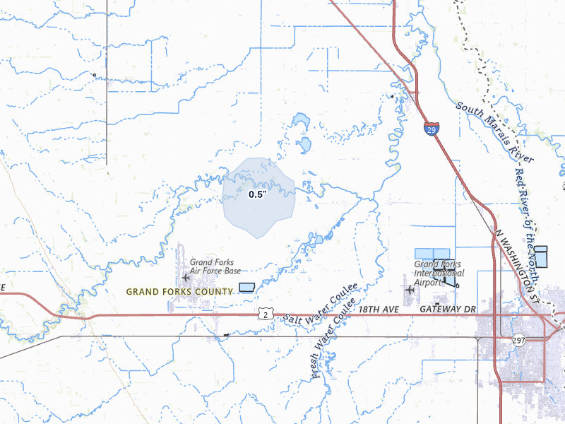 NEXRAD radar-signature map of the hail storm over Mekinock, ND on May 11, 2026