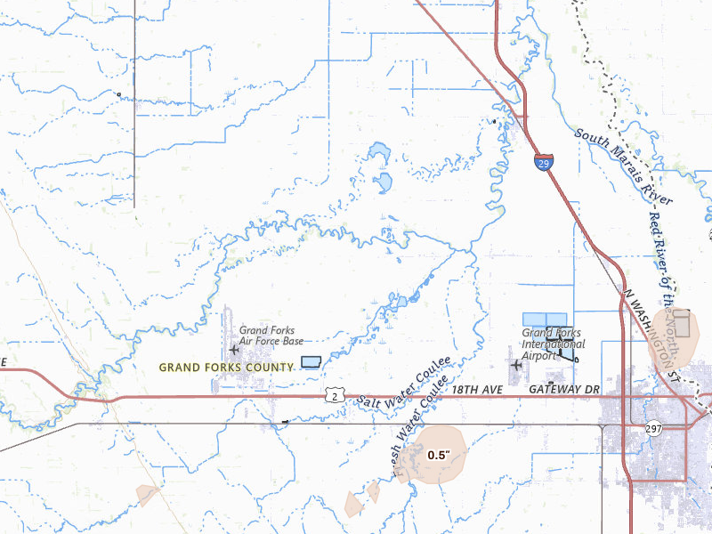 Radar-estimated hail-size map of the storm over Mekinock, ND on Jun 3, 2026