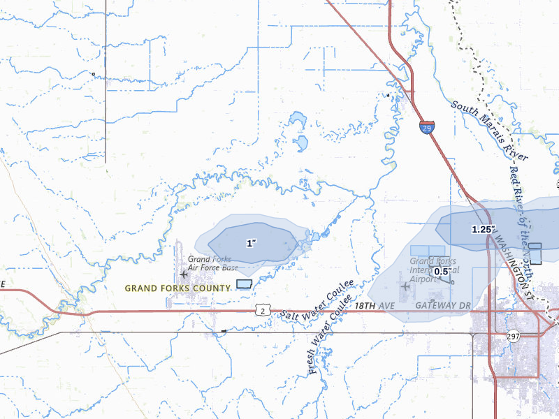 NEXRAD radar-signature map of the hail storm over Mekinock, ND on Jun 3, 2026