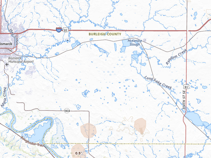 Radar-estimated hail-size map of the storm over Menoken, ND on Jun 2, 2026