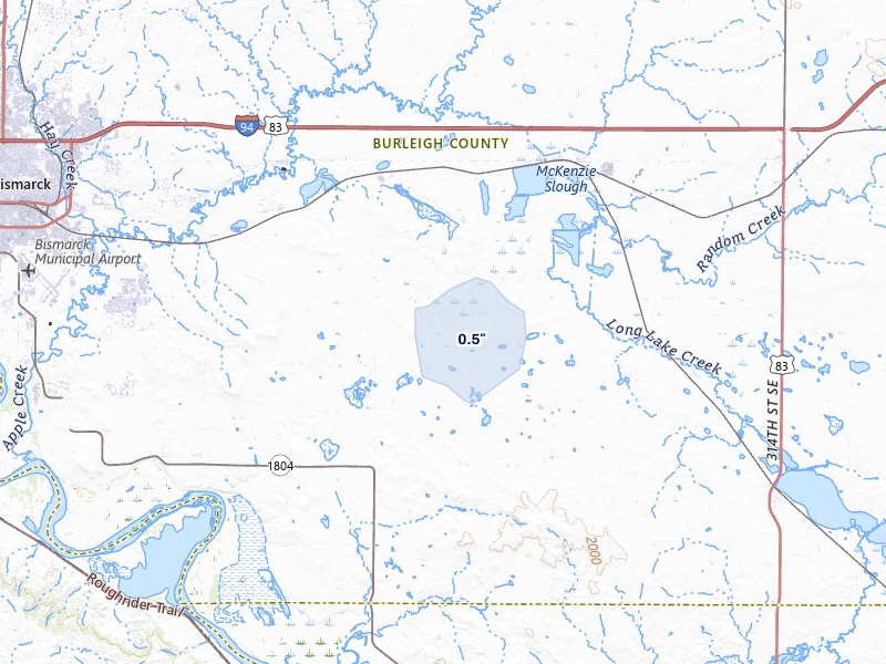 NEXRAD radar-signature map of the hail storm over Menoken, ND on Jun 28, 2026
