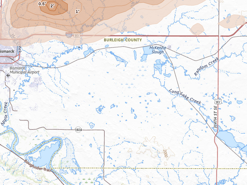 Radar-estimated hail-size map of the storm over Menoken, ND on Jul 19, 2026