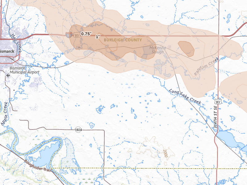 Radar-estimated hail-size map of the storm over Menoken, ND on Jul 24, 2026