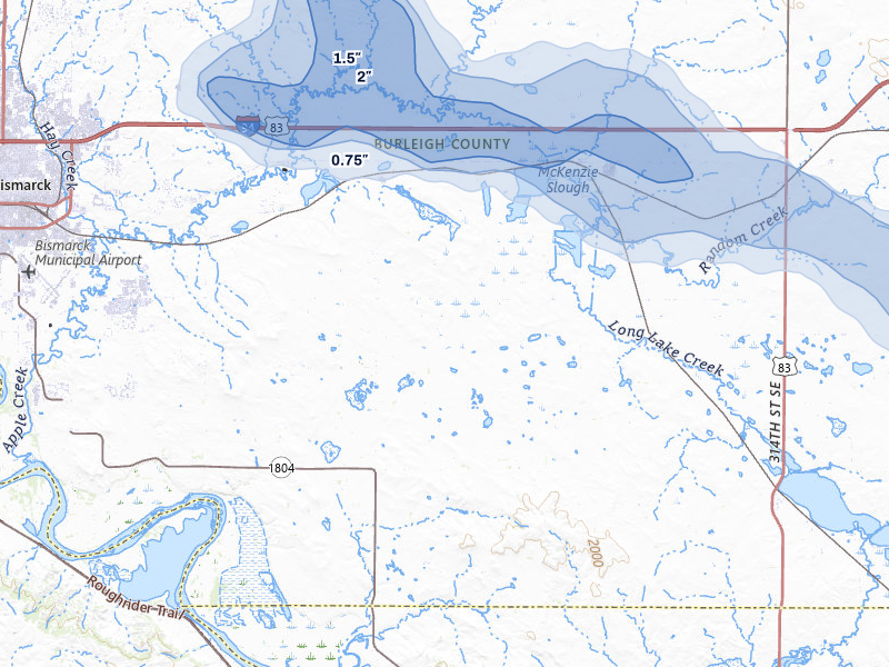 NEXRAD radar-signature map of the hail storm over Menoken, ND on Jul 24, 2026