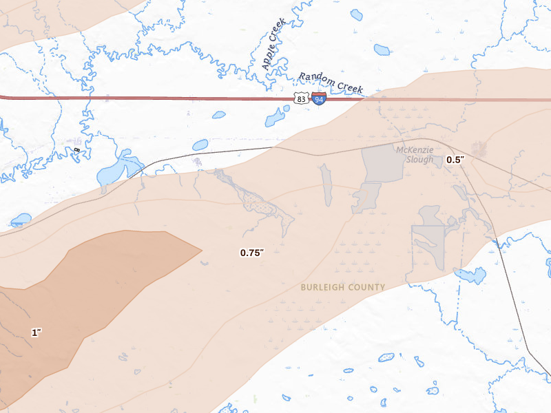 Radar-estimated hail-size map of the storm over Menoken, ND on Aug 11, 2026