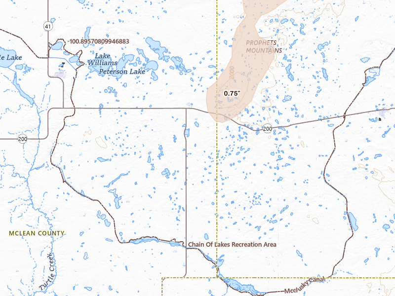 Radar-estimated hail-size map of the storm over Mercer, ND on Jun 2, 2026