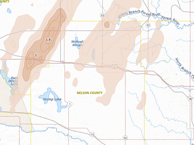 Radar-estimated hail-size map of the storm over Michigan, ND on Jun 2, 2026