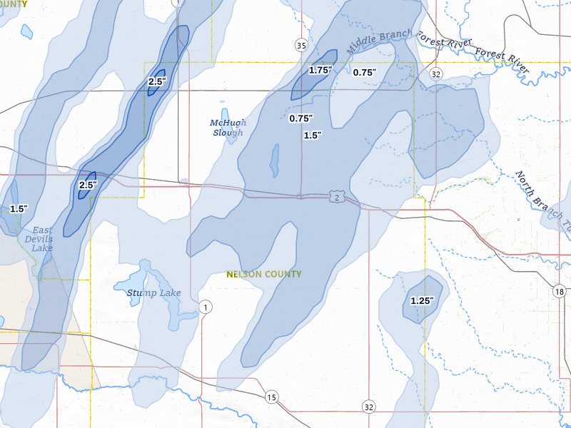 NEXRAD radar-signature map of the hail over Michigan, ND