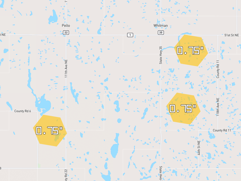 Hail map of Michigan, ND on Jun 2, 2026, hail up to 0.75"