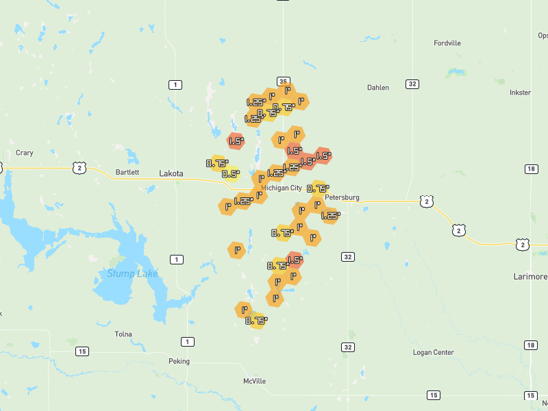 Hail map of Michigan, ND on Jun 3, 2026, hail up to 1.5"