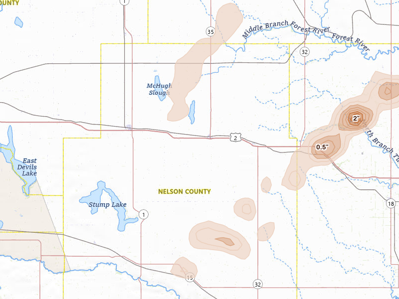 Radar-estimated hail-size map of the storm over Michigan, ND on Jun 29, 2026